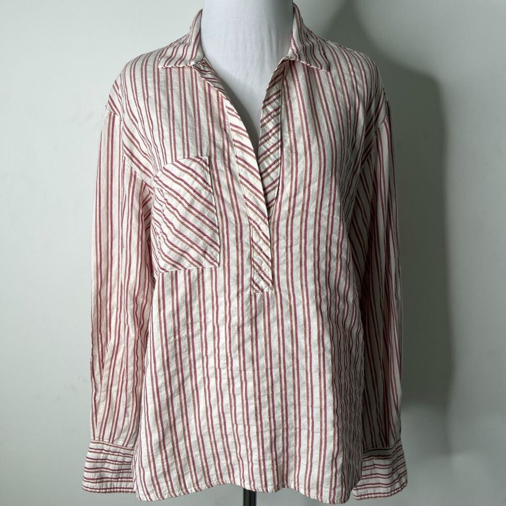 Xírena Women's White Red Striped Collared Long Sleeve Cotton Blouse Size Small